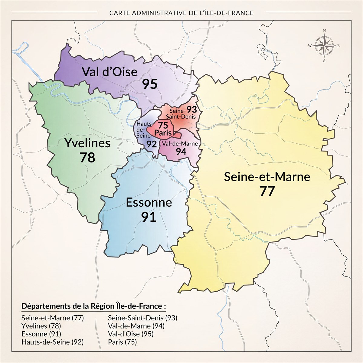 Carte administrative de l'Île-de-France : Paris (75) au centre, entouré des Hauts-de-Seine (92), de la Seine-Saint-Denis (93) et du Val-de-Marne (94), puis du Val-d'Oise (95), des Yvelines (78), de l'Essonne (91) et de la Seine-et-Marne (77)