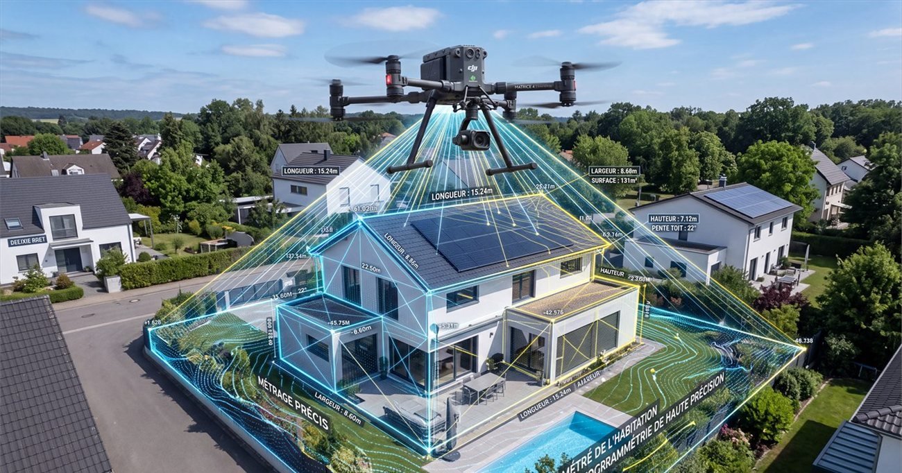 Drone survolant une villa dont le volume est reconstitué en filaire cyan au-dessus du terrain