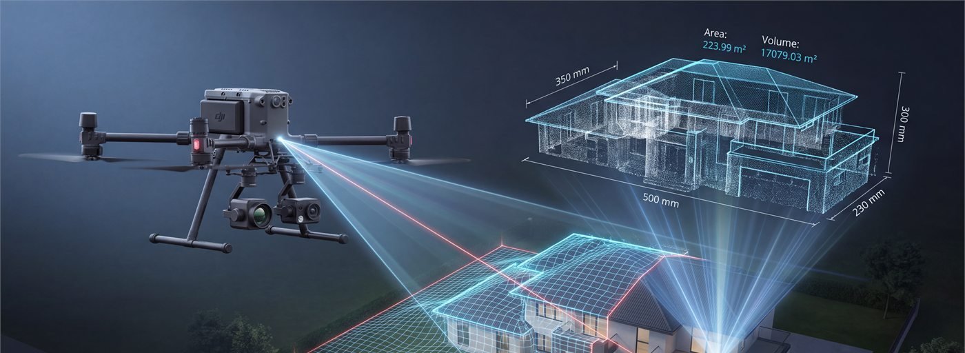 Drone de photogrammétrie survolant un bâtiment dont l'enveloppe est reconstituée en filaire 3D
