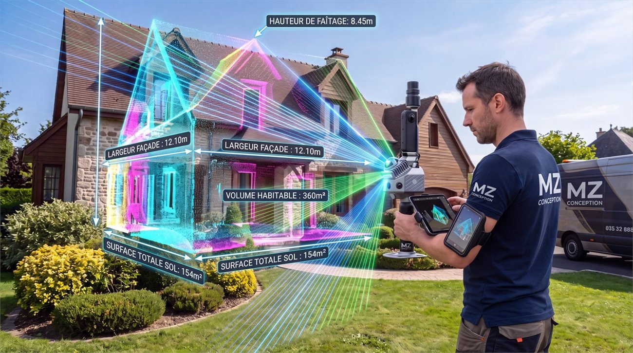 Technicien MZ Conception scannant un pavillon au LiDAR mobile, les mesures s'affichant en surimpression