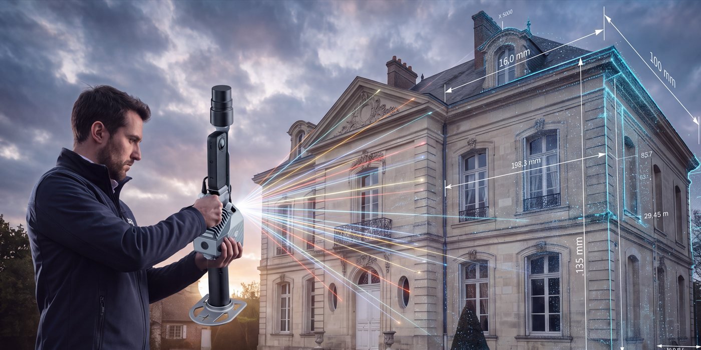 Opérateur relevant la façade d'une demeure au scanner de photogrammétrie, les cotes s'affichant en surimpression
