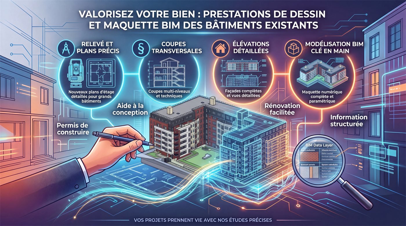 Maquette numérique d'un immeuble existant, du relevé aux plans, coupes, élévations et modèle BIM