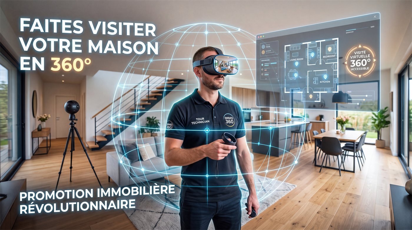 Technicien équipé d'un casque de réalité virtuelle parcourant une visite 360° dans un intérieur contemporain