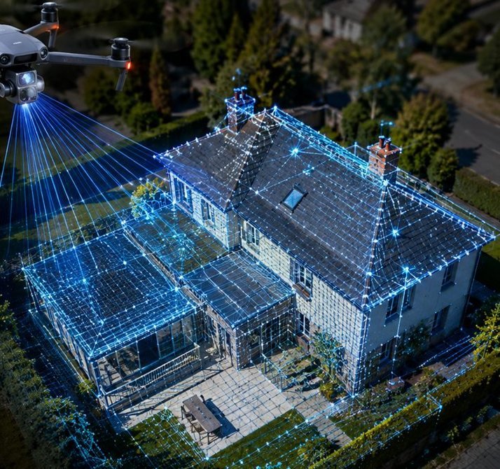 Vue aérienne d'un pavillon dont la toiture et les façades sont maillées en filaire cyan
