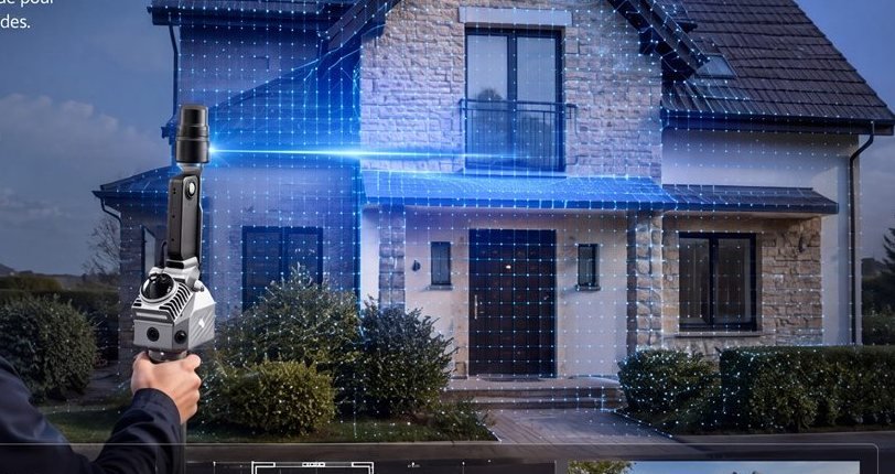 Opérateur balayant la façade d'une maison au scanner mobile, l'enveloppe apparaissant en points bleus