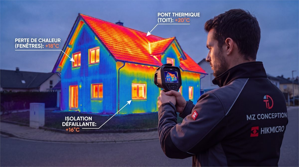 Relevé thermographique d'une maison : la toiture apparaît en rouge, les façades en bleu