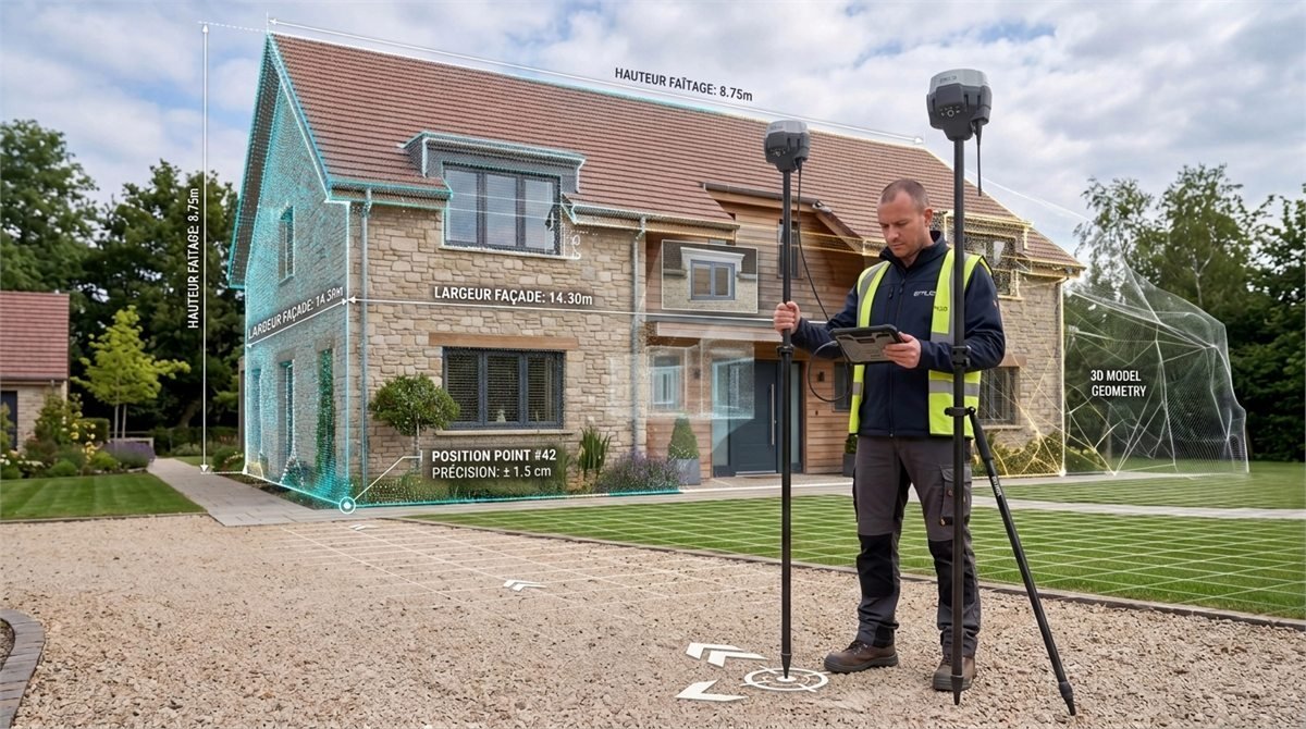 Opérateur réalisant un relevé topographique devant une maison, station GNSS sur trépied
